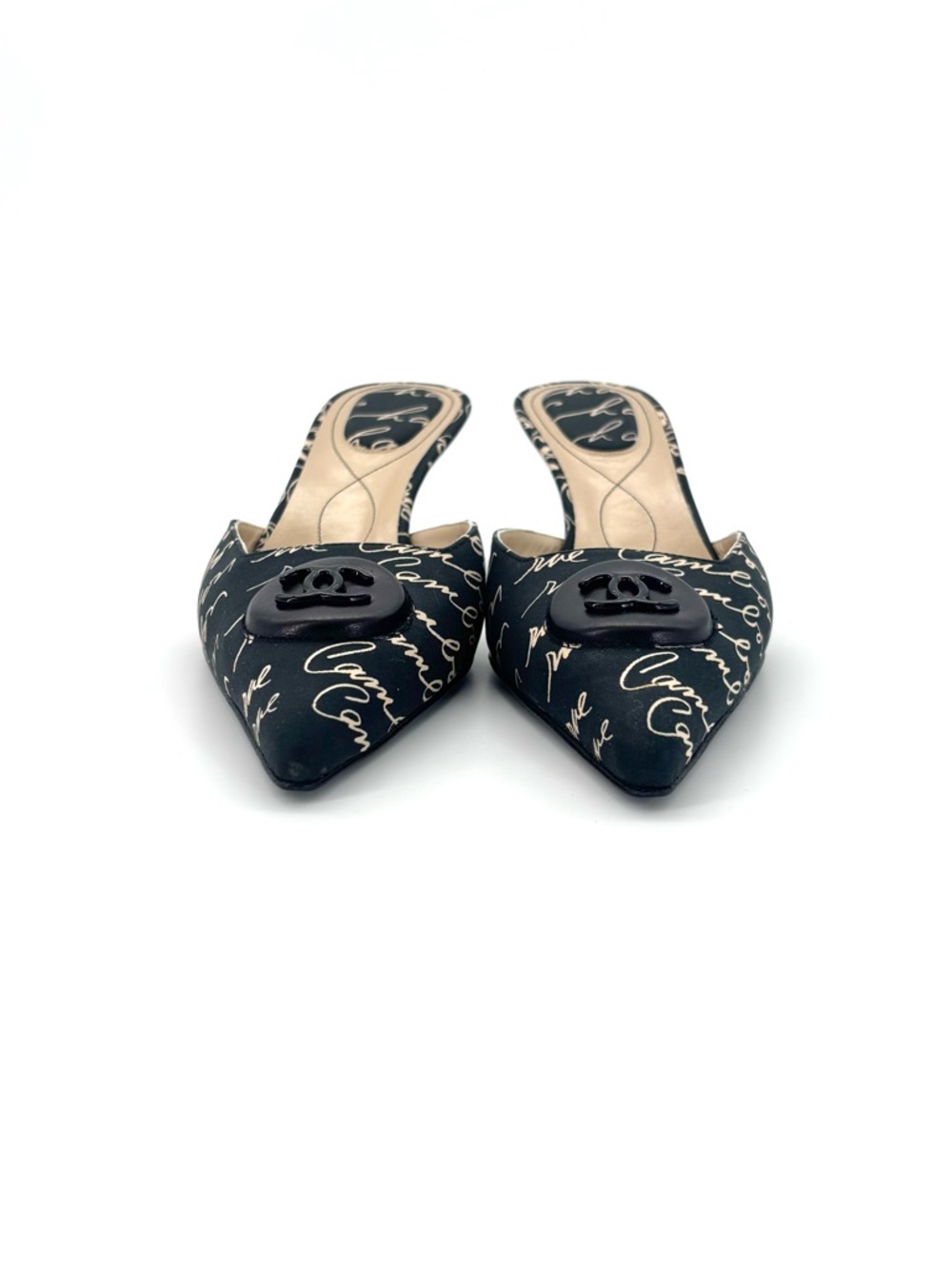 Vintage Chanel 2006 Cruise Script CC Logo Pointed Toe Kitten Heel Mules 38 - Picture 3 of 10
